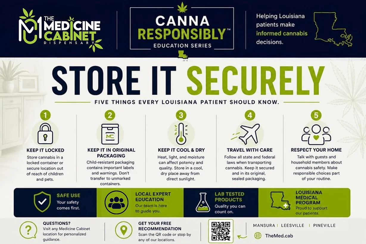 Store It Securely infographic: five things every Louisiana patient should know — keep it locked, keep it in original packaging, keep it cool and dry, travel with care, respect your home.